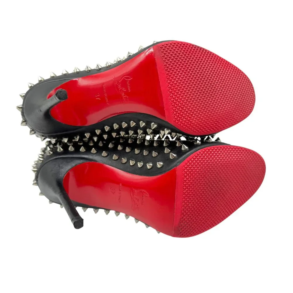 Christian Louboutin Black & Silver Spike Embellished Peep-Toe Heeled Booties
